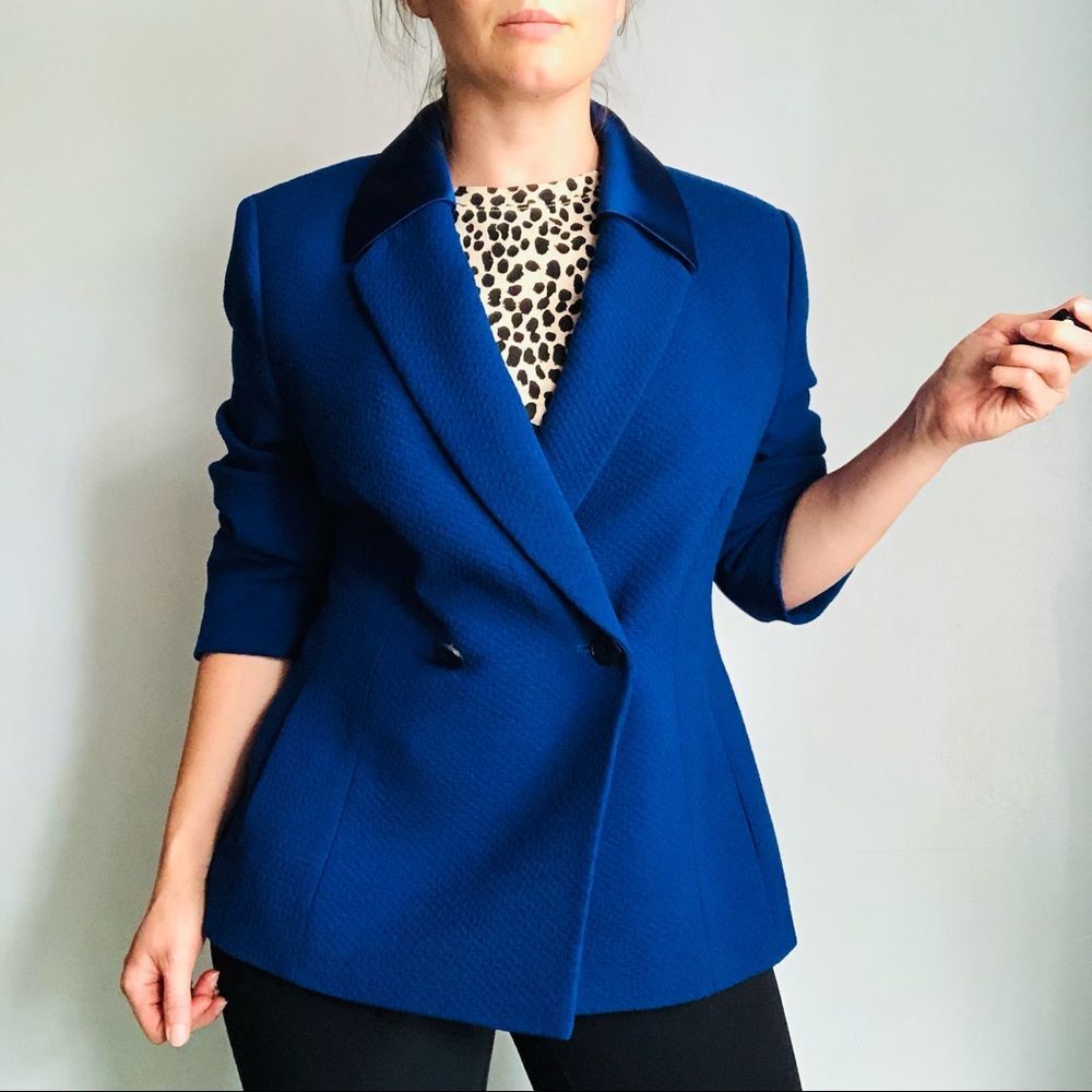 VTG FERAUD 3 piece Suit Set Blazer Skirt Shell Size 12 Royal Cobalt Blue Jewel